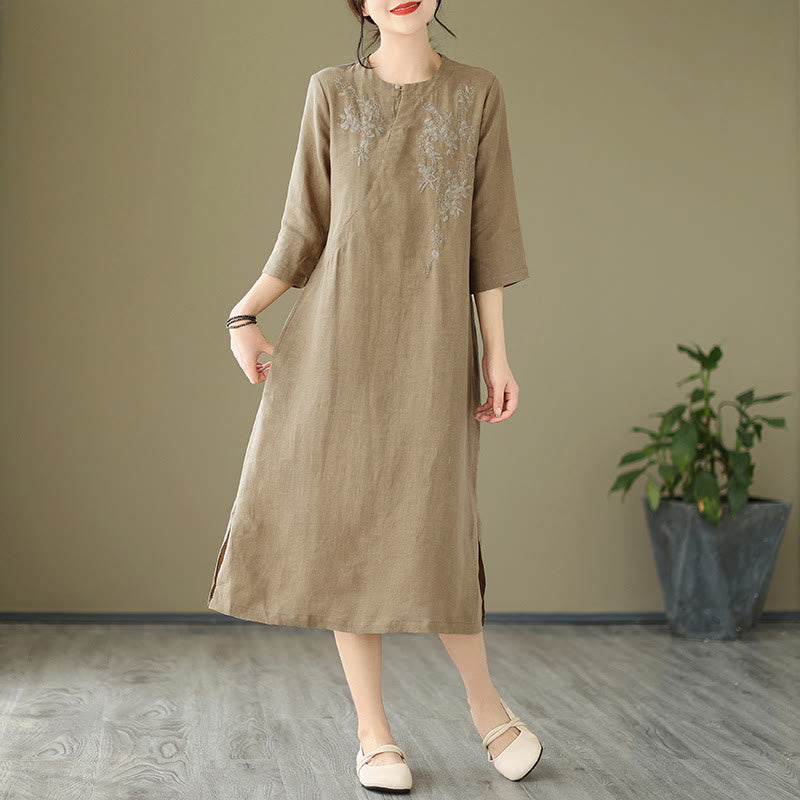 Vestido midi de lino y algodón con mangas tres cuartos y bordado vintage de Buddha Stones y bolsillos - image 2