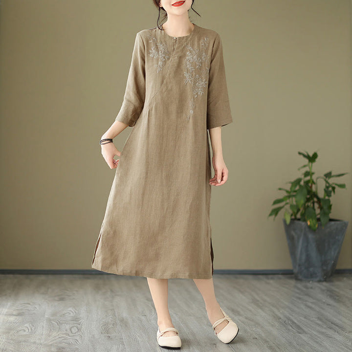 Vestido midi de lino y algodón con mangas tres cuartos y bordado vintage de Buddha Stones y bolsillos - image 2
