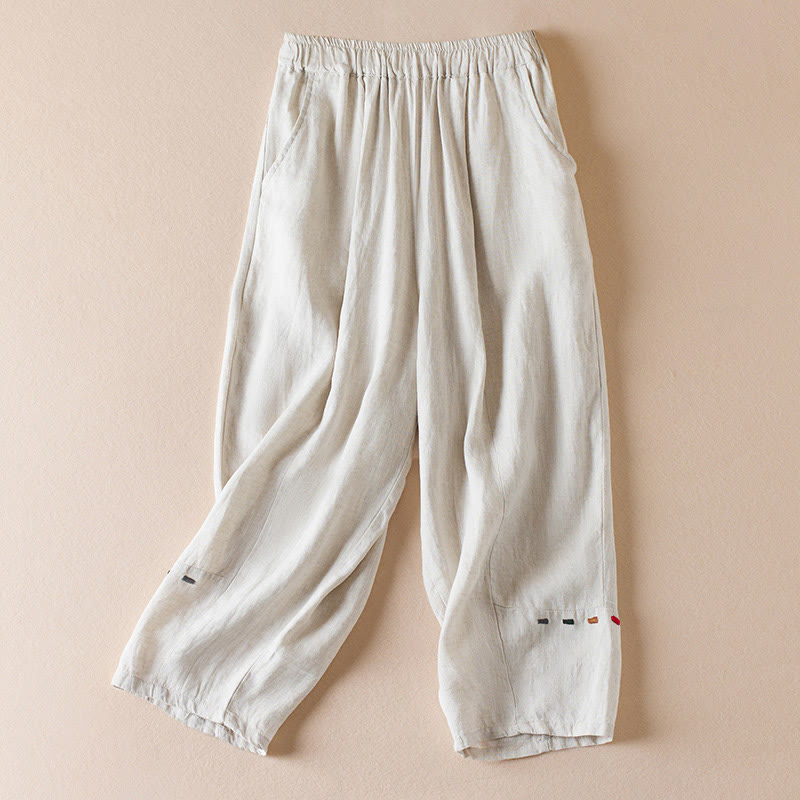 Pantalones de lino y algodón para mujer, con bolsillos, de hilo de colores Buddha Stones , de longitud 7-8 - Beige - US12, UK/AU16, EU44 (3XL) - image 0