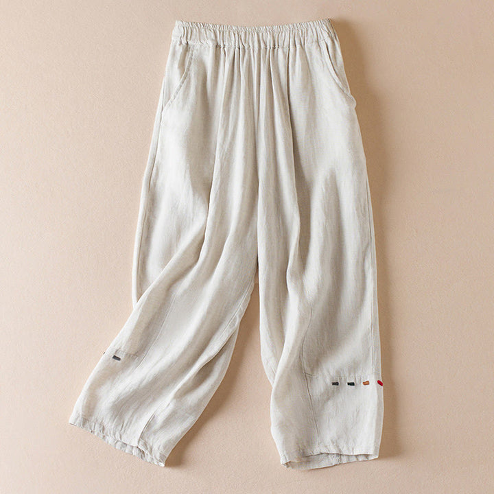 Pantalones de lino y algodón para mujer, con bolsillos, de hilo de colores Buddha Stones , de longitud 7-8 - Beige - US12, UK/AU16, EU44 (3XL) - image 0