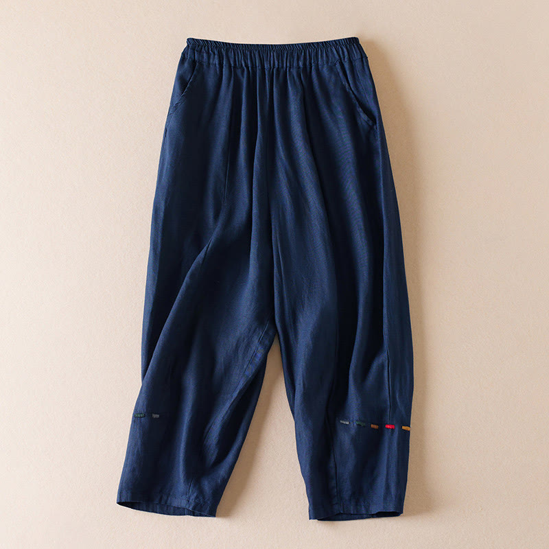 Pantalones de lino y algodón para mujer, con bolsillos, de hilo de colores Buddha Stones , de longitud 7-8 - Marina de guerra - US12, UK/AU16, EU44 (3XL) - image 9