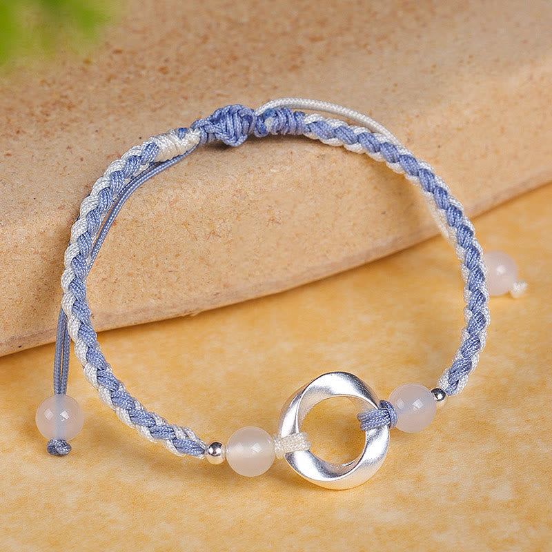 Pulsera de protección con hilo trenzado y cuentas de ágata blanca de Mobius en plata de ley 925 con Buddha Stones - Cordón azul de plata de ley 925 (circunferencia de la muñeca: 15-18 cm) - image 0
