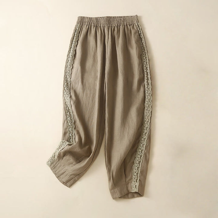 Pantalones harén de lino y algodón con encaje liso para mujer con bolsillos y Buddha Stones - Broncearse - US8-10，UK/AU12-14，EU40-42 (2XL) - image 0