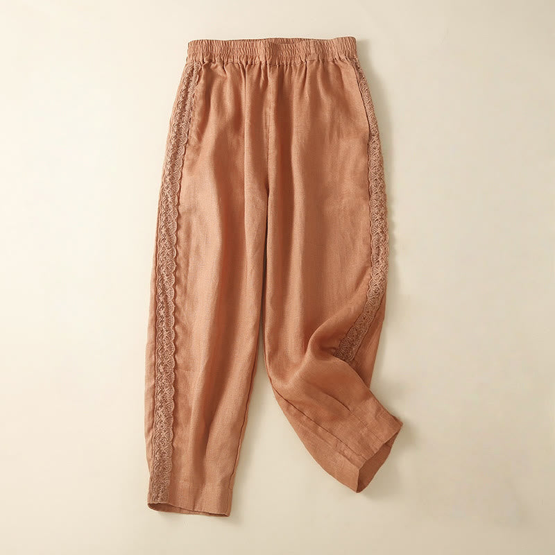 Pantalones harén de lino y algodón con encaje liso para mujer con bolsillos y Buddha Stones - Coral - US8-10，UK/AU12-14，EU40-42 (2XL) - image 5