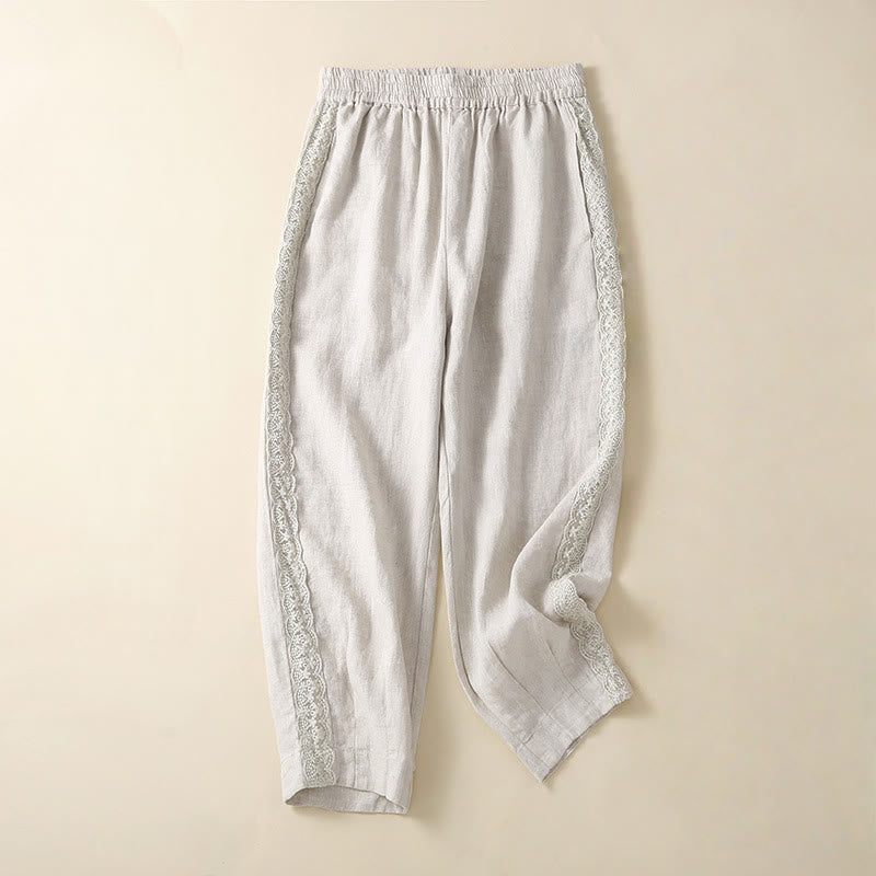 Pantalones harén de lino y algodón con encaje liso para mujer con bolsillos y Buddha Stones - Humo blanco - US8-10，UK/AU12-14，EU40-42 (2XL) - image 10