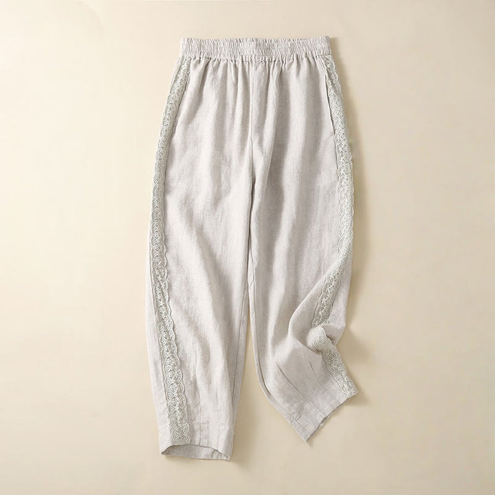 Pantalones harén de lino y algodón con encaje liso para mujer con bolsillos y Buddha Stones - Humo blanco - US8-10，UK/AU12-14，EU40-42 (2XL) - image 10