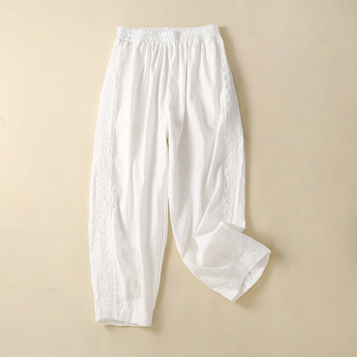 Pantalones harén de lino y algodón con encaje liso para mujer con bolsillos y Buddha Stones - Blanco - US8-10，UK/AU12-14，EU40-42 (2XL) - image 20