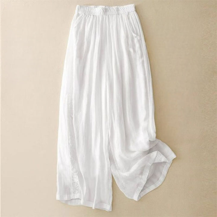 Pantalones anchos de algodón para mujer, con diseño de bordado lateral de Buddha Stones, de largo 7-8 y bolsillos - Blanco - US12, UK/AU16, EU44 (3XL) - image 12