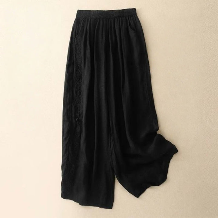 Pantalones anchos de algodón para mujer, con diseño de bordado lateral de Buddha Stones, de largo 7-8 y bolsillos - Negro - US12, UK/AU16, EU44 (3XL) - image 15