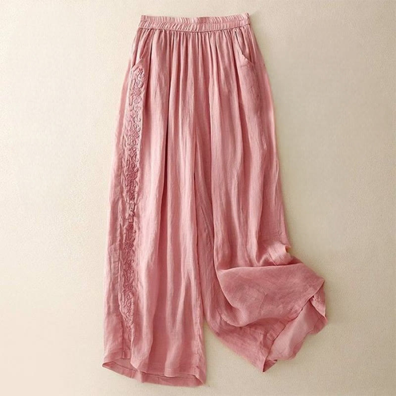 Pantalones anchos de algodón para mujer, con diseño de bordado lateral de Buddha Stones, de largo 7-8 y bolsillos - Rosa - US12, UK/AU16, EU44 (3XL) - image 17