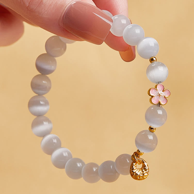 Pulsera de la suerte con ojo de gato blanco y flor de melocotón de plata de ley 925 con Buddha Stones - image 3