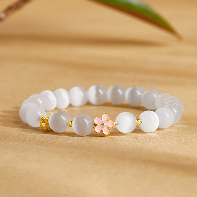 Pulsera de la suerte con ojo de gato blanco y flor de melocotón de plata de ley 925 con Buddha Stones - Ojo de gato blanco (circunferencia de la muñeca: 17-19 cm) - image 0