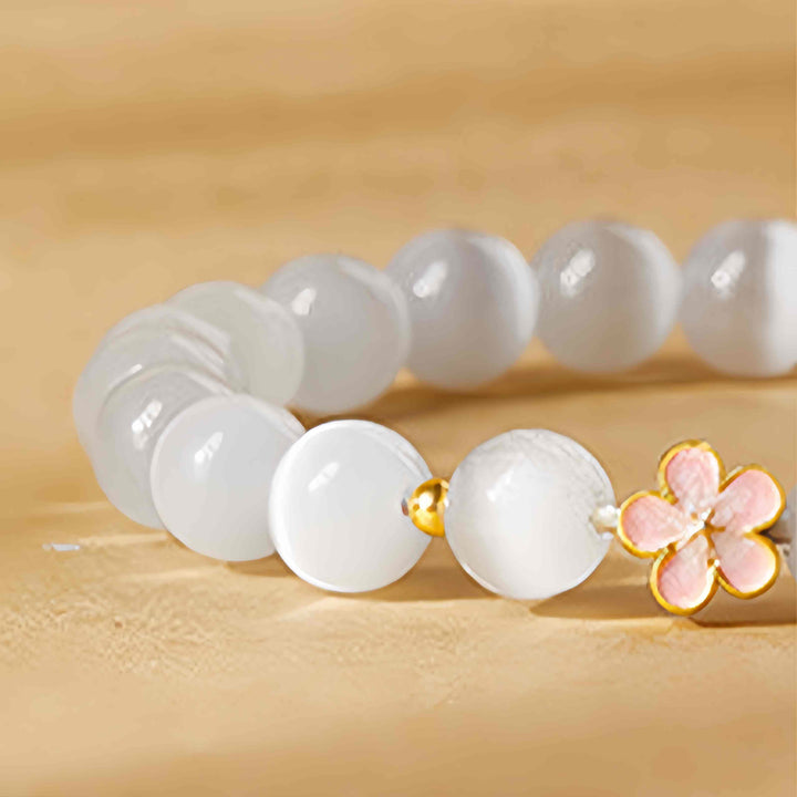 Pulsera de la suerte con ojo de gato blanco y flor de melocotón de plata de ley 925 con Buddha Stones - image 4