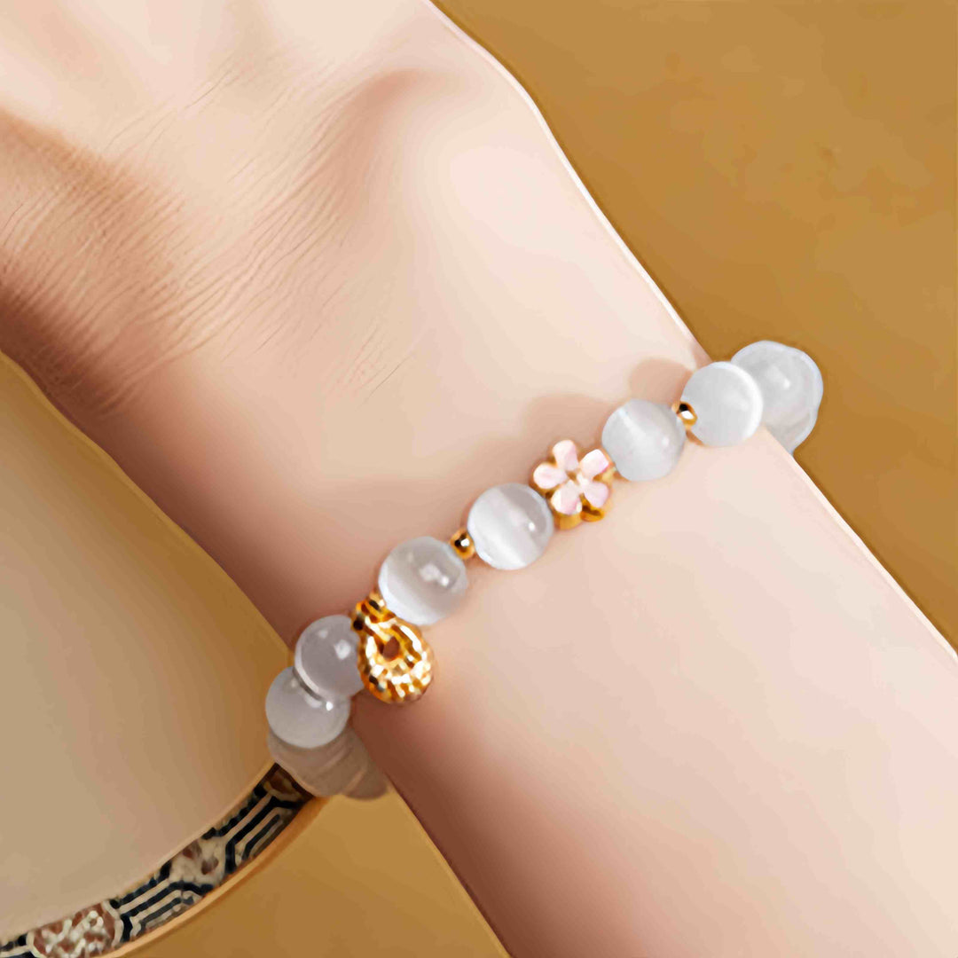 Pulsera de la suerte con ojo de gato blanco y flor de melocotón de plata de ley 925 con Buddha Stones - image 9