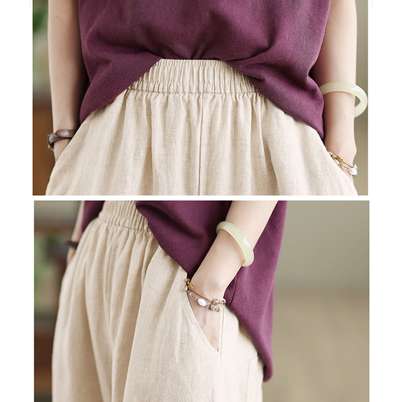 Pantalones casuales de algodón liso con bolsillos para mujer de Buddha Stones - image 18