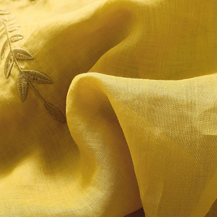 Camiseta de algodón y lino de media manga para mujer con bordado de hojas y Buddha Stones - image 7