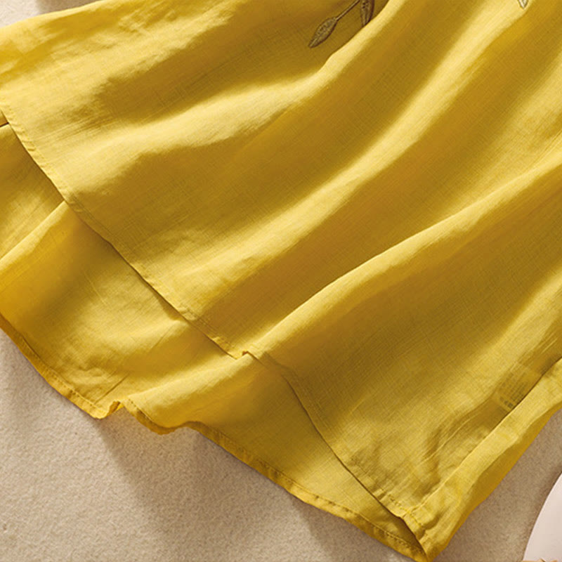 Camiseta de algodón y lino de media manga para mujer con bordado de hojas y Buddha Stones - image 9