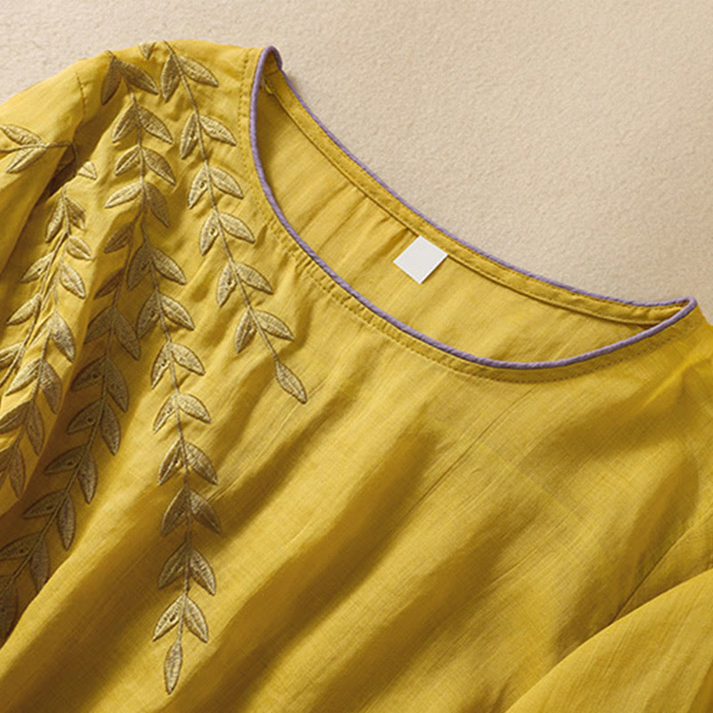 Camiseta de algodón y lino de media manga para mujer con bordado de hojas y Buddha Stones - image 4