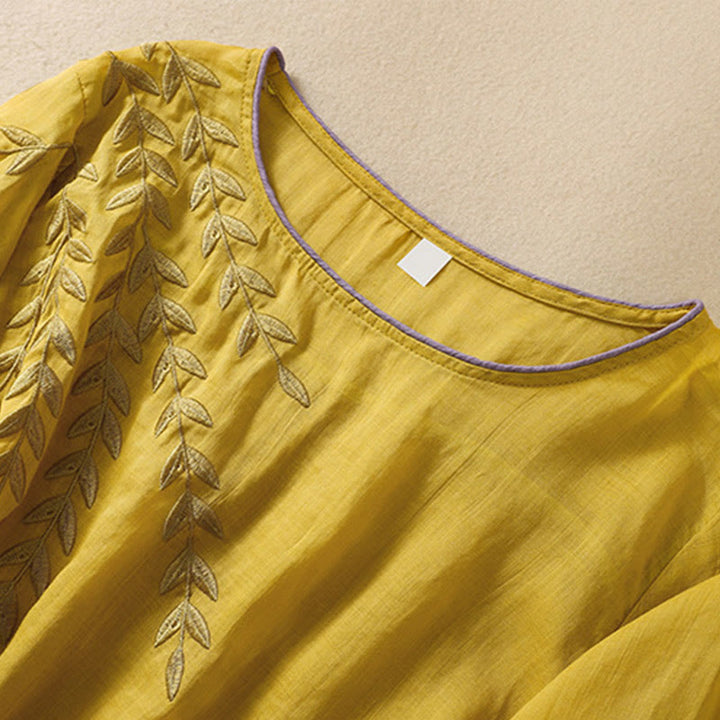 Camiseta de algodón y lino de media manga para mujer con bordado de hojas y Buddha Stones - image 4