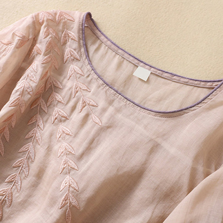 Camiseta de algodón y lino de media manga para mujer con bordado de hojas y Buddha Stones - image 17
