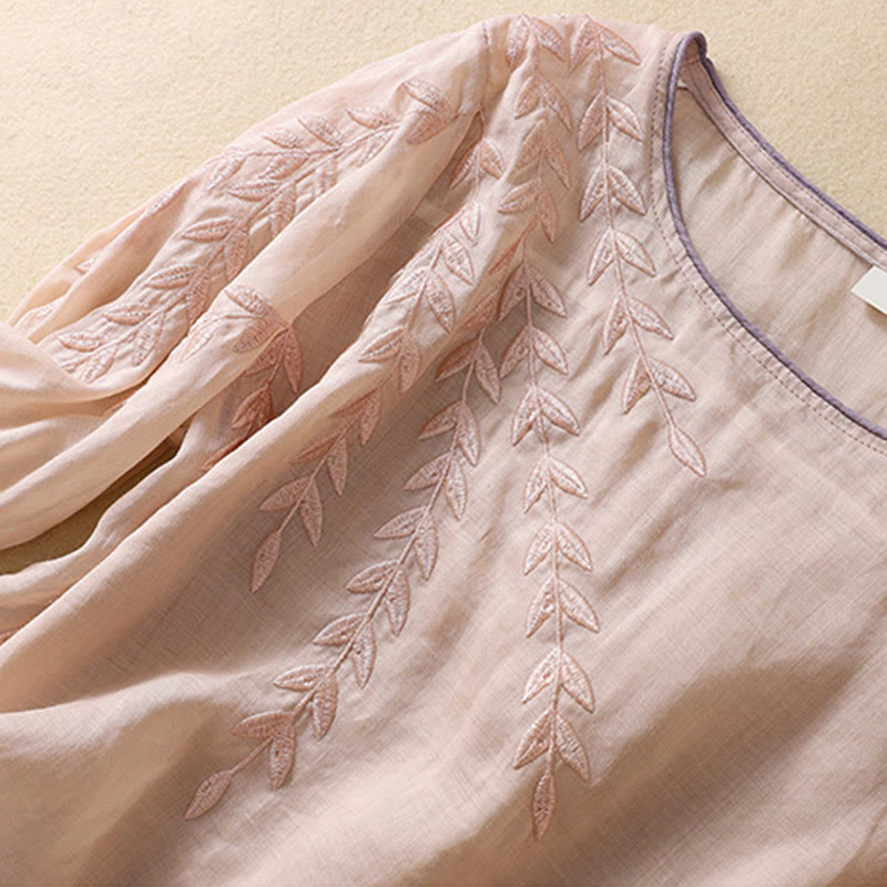 Camiseta de algodón y lino de media manga para mujer con bordado de hojas y Buddha Stones - image 13