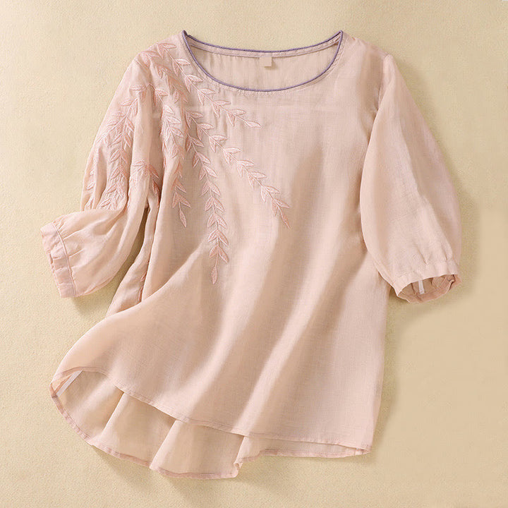 Camiseta de algodón y lino de media manga para mujer con bordado de hojas y Buddha Stones - MistyRose - US8-10，UK/AU12-14，EU40-42 (2XL) - image 11