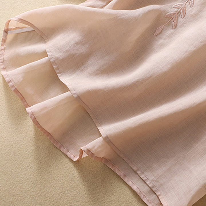 Camiseta de algodón y lino de media manga para mujer con bordado de hojas y Buddha Stones - image 19