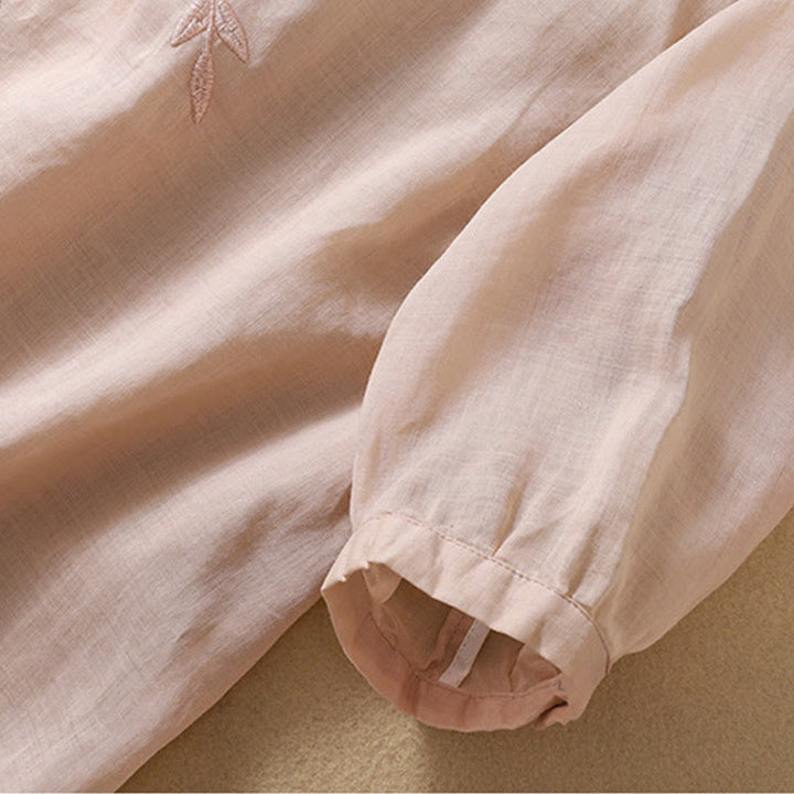 Camiseta de algodón y lino de media manga para mujer con bordado de hojas y Buddha Stones - image 18