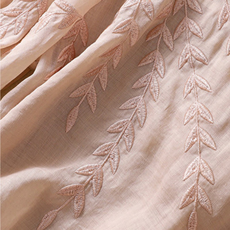 Camiseta de algodón y lino de media manga para mujer con bordado de hojas y Buddha Stones - image 20