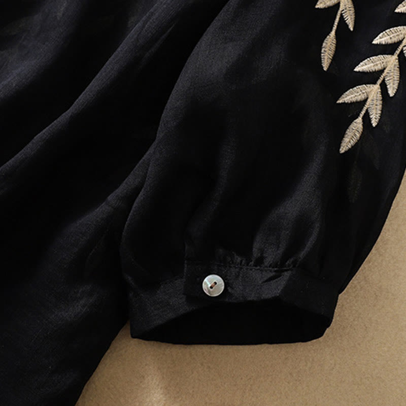 Camiseta de algodón y lino de media manga para mujer con bordado de hojas y Buddha Stones - image 26