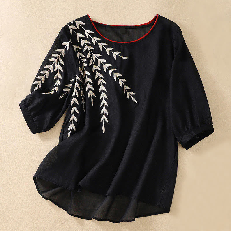 Camiseta de algodón y lino de media manga para mujer con bordado de hojas y Buddha Stones - Negro - US8-10，UK/AU12-14，EU40-42 (2XL) - image 22