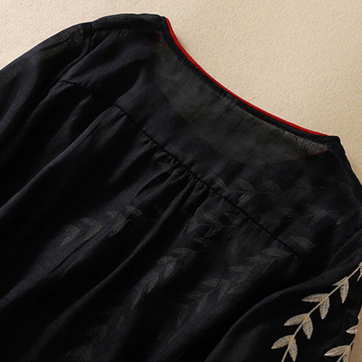 Camiseta de algodón y lino de media manga para mujer con bordado de hojas y Buddha Stones - image 25