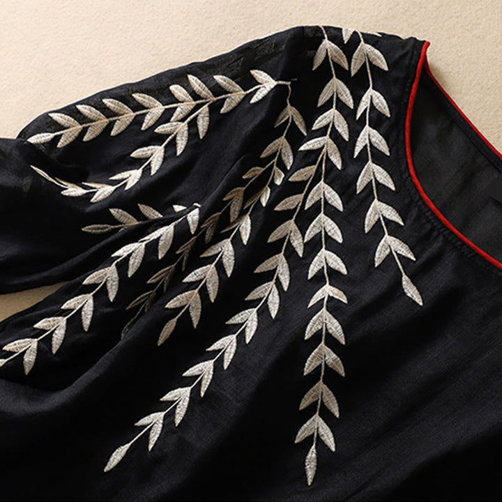 Camiseta de algodón y lino de media manga para mujer con bordado de hojas y Buddha Stones - image 29