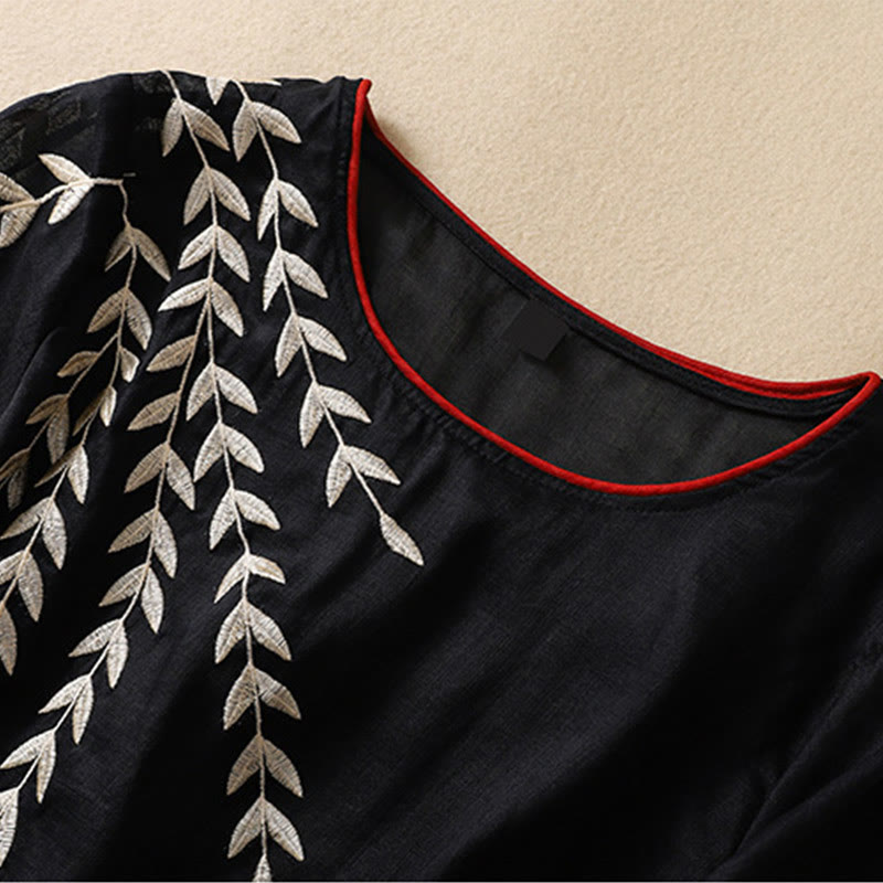 Camiseta de algodón y lino de media manga para mujer con bordado de hojas y Buddha Stones - image 24