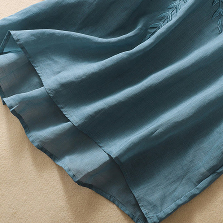 Camiseta de algodón y lino de media manga para mujer con bordado de hojas y Buddha Stones - image 35