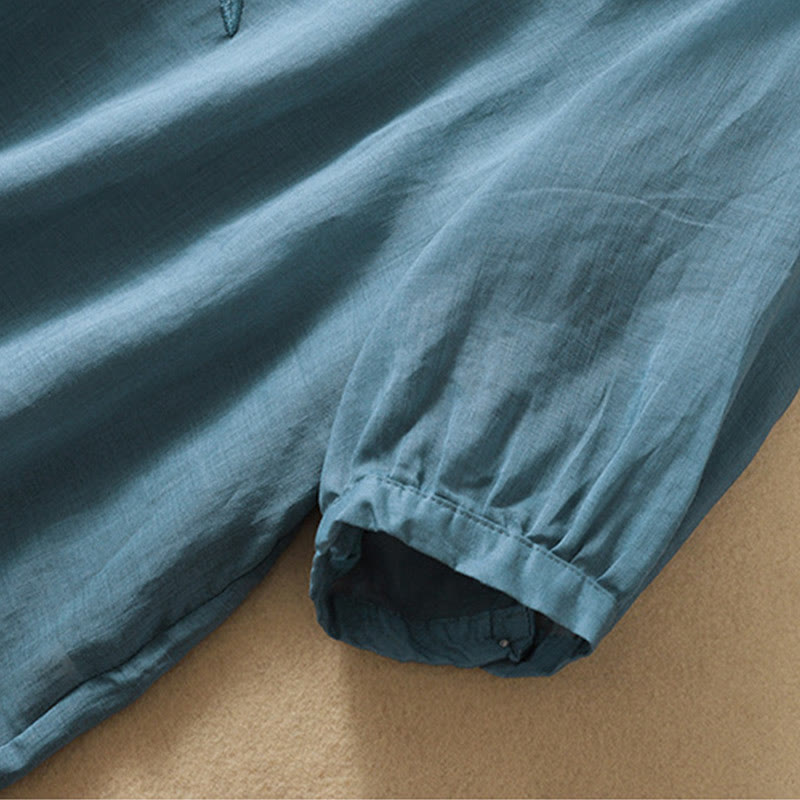 Camiseta de algodón y lino de media manga para mujer con bordado de hojas y Buddha Stones - image 36