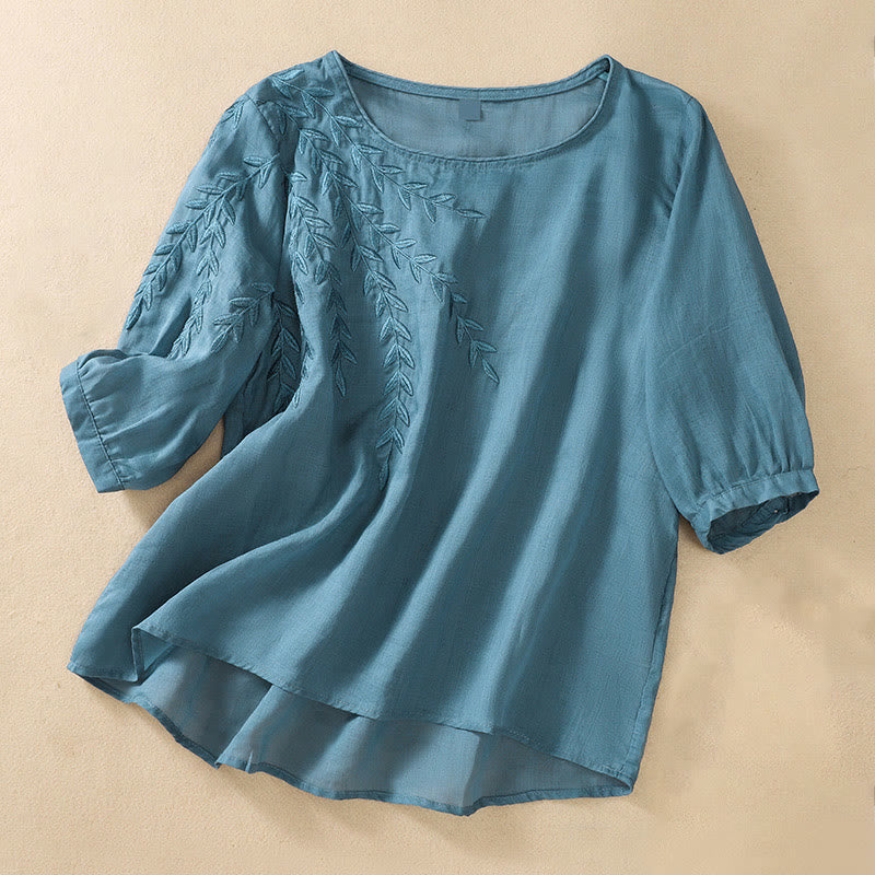 Camiseta de algodón y lino de media manga para mujer con bordado de hojas y Buddha Stones - Azul acero - US8-10，UK/AU12-14，EU40-42 (2XL) - image 30