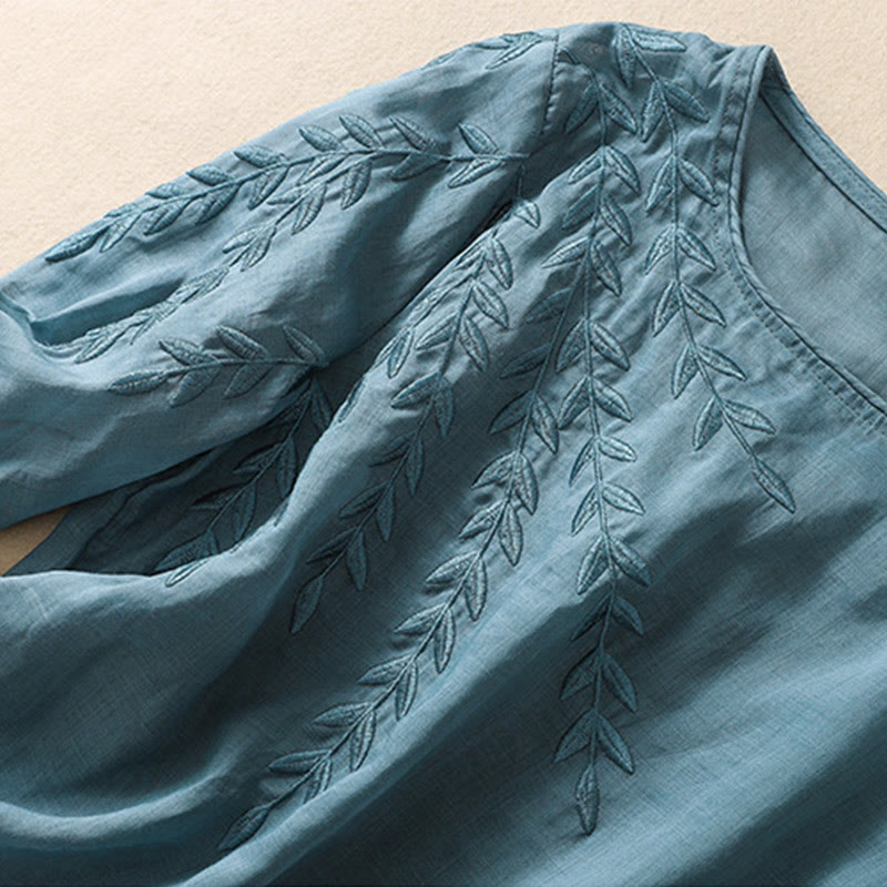 Camiseta de algodón y lino de media manga para mujer con bordado de hojas y Buddha Stones - image 34