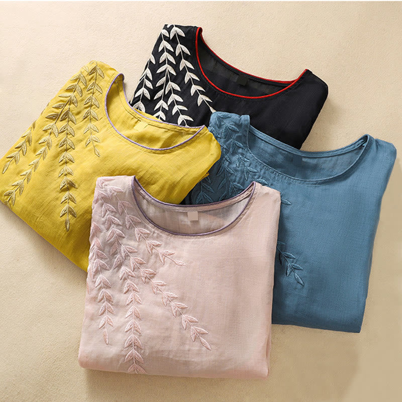 Camiseta de algodón y lino de media manga para mujer con bordado de hojas y Buddha Stones - image 37