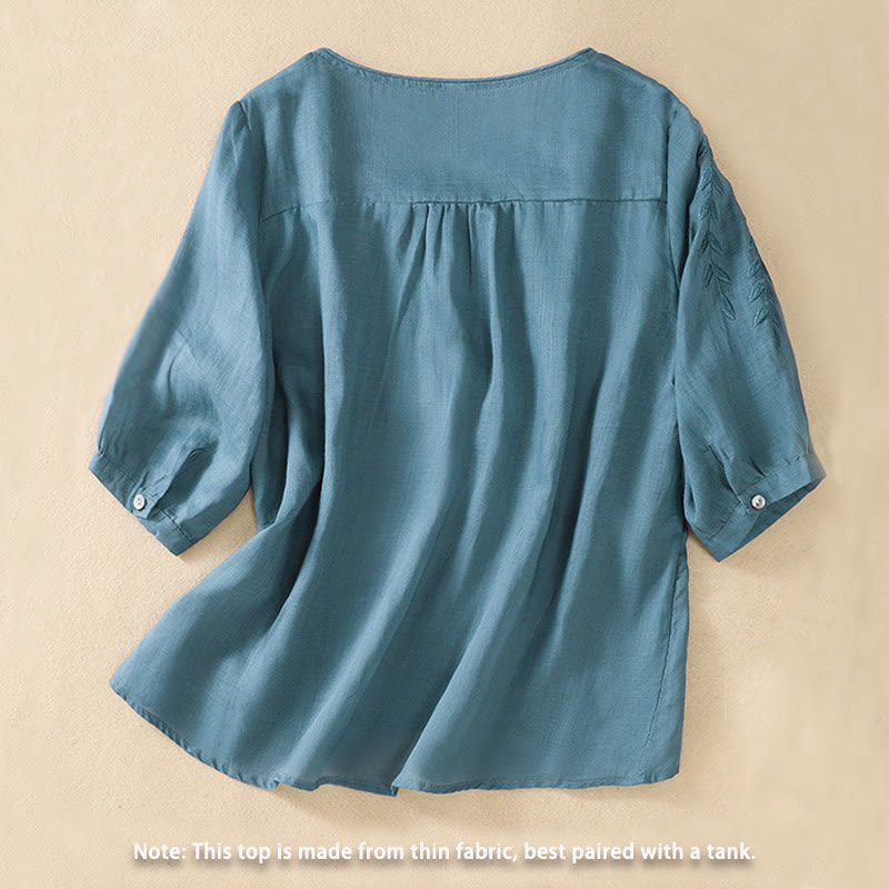 Camiseta de algodón y lino de media manga para mujer con bordado de hojas y Buddha Stones - image 31