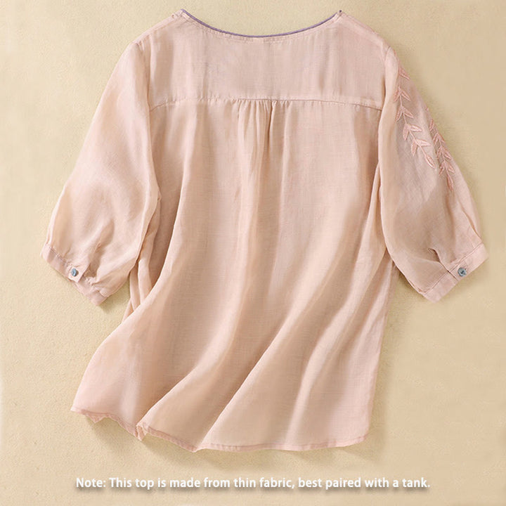 Camiseta de algodón y lino de media manga para mujer con bordado de hojas y Buddha Stones - image 12