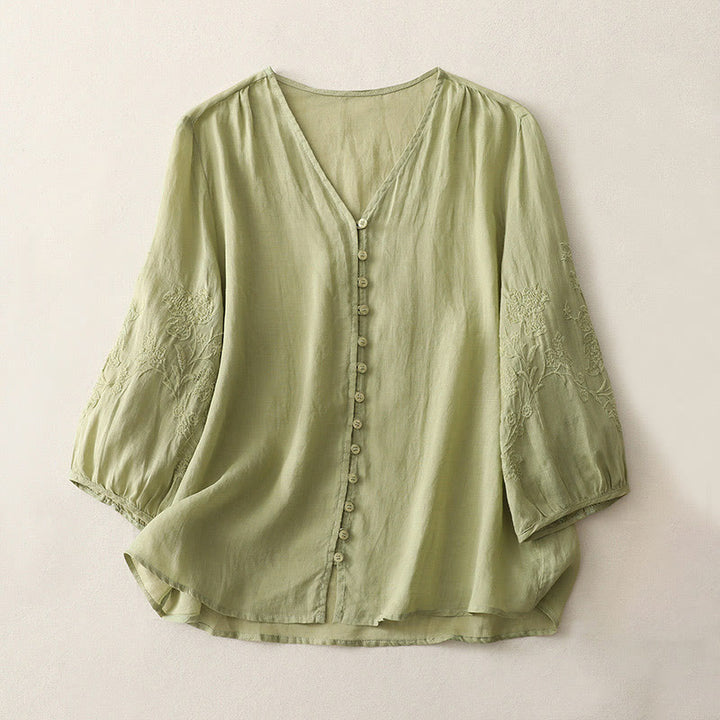 Camisa de mujer con botones y bordado de Buddha Stones - Verde amarillento - US8-10，UK/AU12-14，EU40-42 (2XL) - image 0