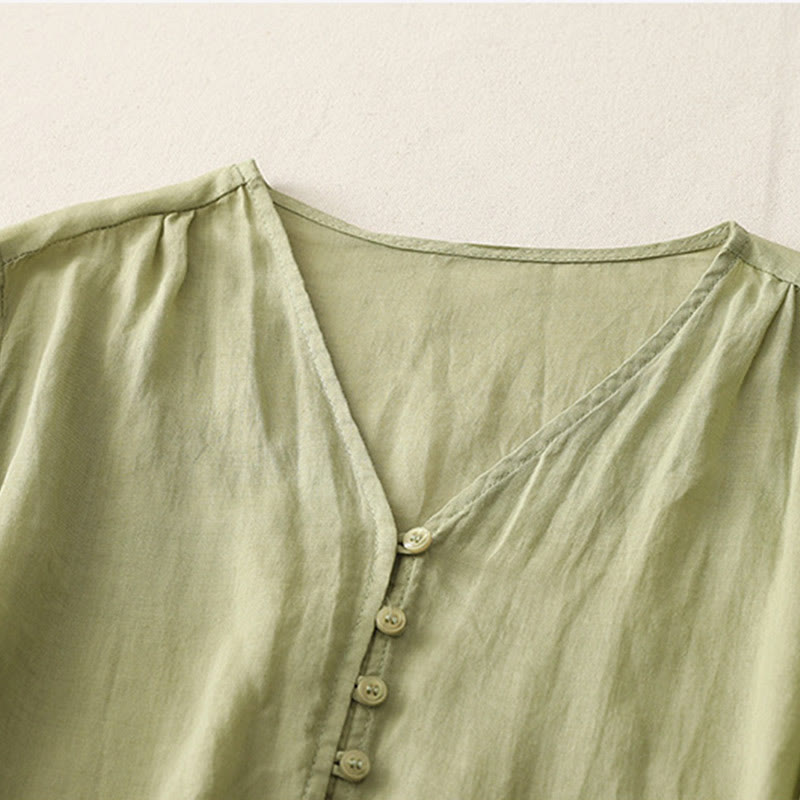 Camisa de lino y algodón con botones y bordado de Buddha Stones para mujer - image 2