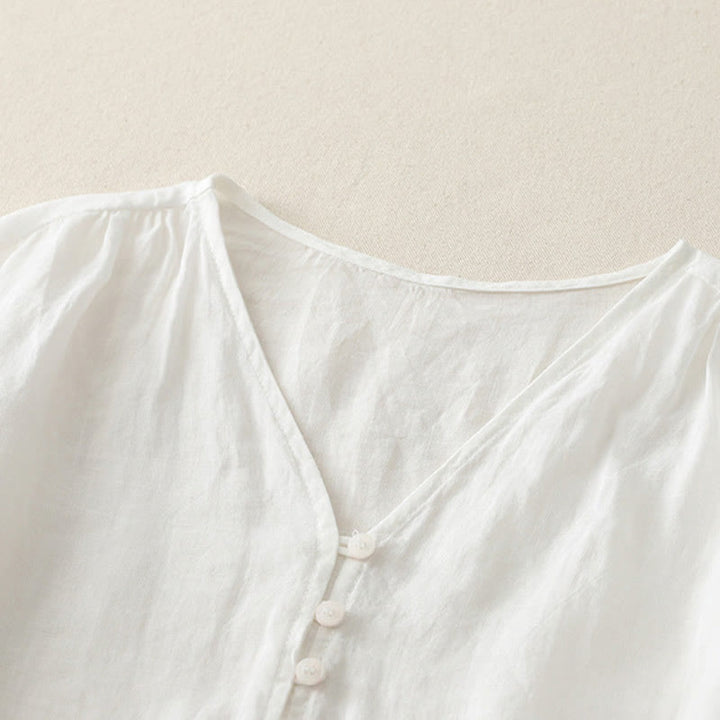 Camisa de lino y algodón con botones y bordado de Buddha Stones para mujer - image 8