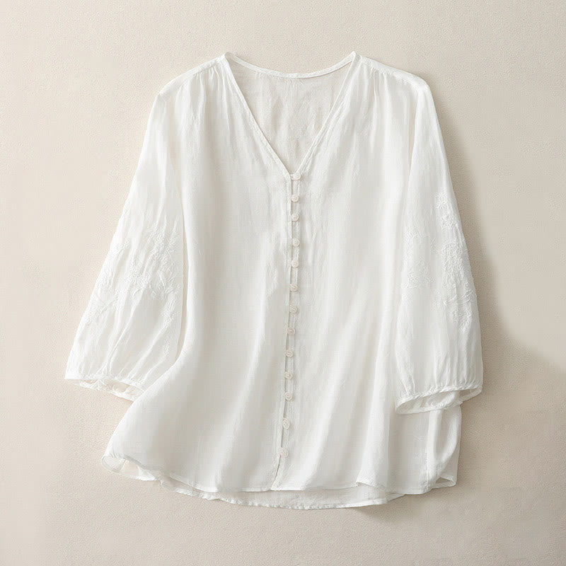 Camisa de mujer con botones y bordado de Buddha Stones - Blanco - US8-10，UK/AU12-14，EU40-42 (2XL) - image 6
