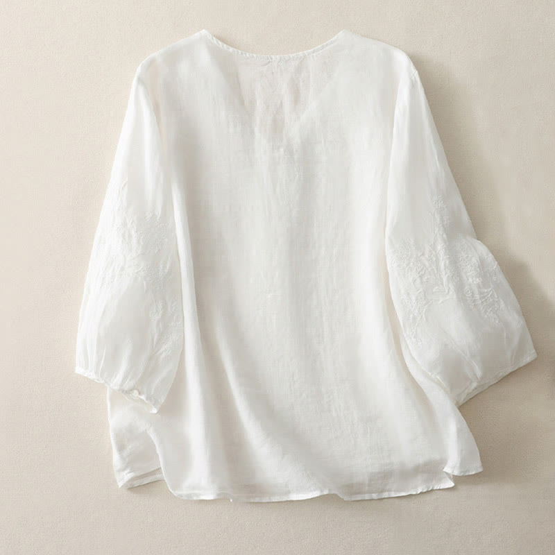 Camisa de lino y algodón con botones y bordado de Buddha Stones para mujer - image 9
