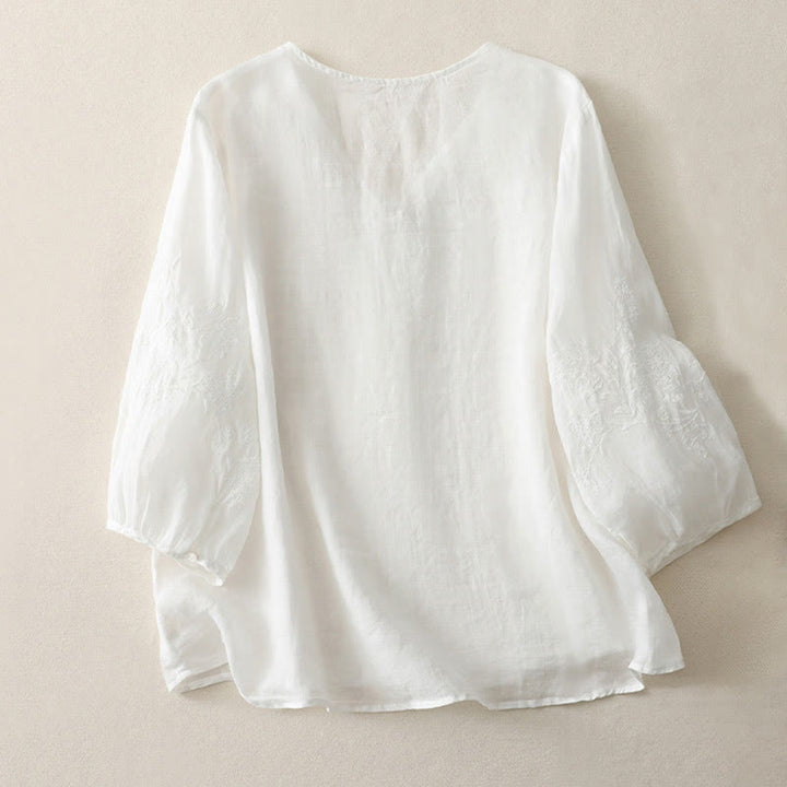 Camisa de lino y algodón con botones y bordado de Buddha Stones para mujer - image 9