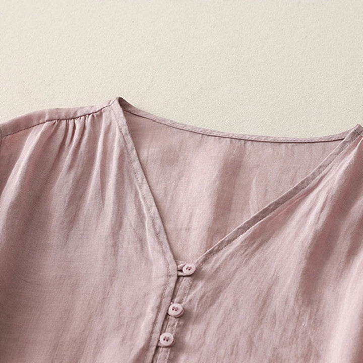 Camisa de lino y algodón con botones y bordado de Buddha Stones para mujer - image 18