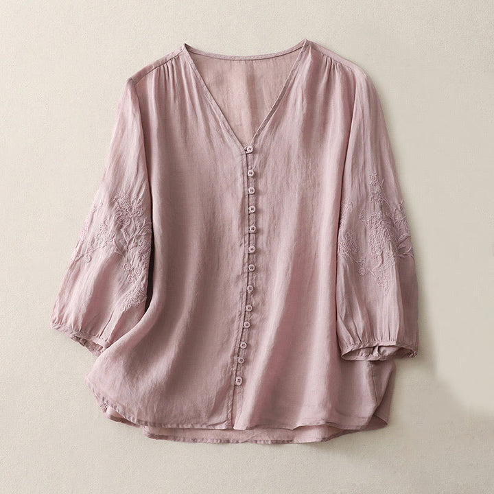 Camisa de lino y algodón con botones y bordado de Buddha Stones para mujer - Ciruela - US8-10，UK/AU12-14，EU40-42 (2XL) - image 16