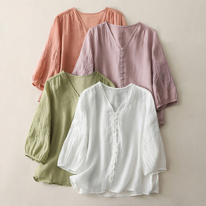 Camisa de lino y algodón con botones y bordado de Buddha Stones para mujer - image 28